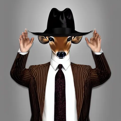 Image similar to a upper body portrait of a deer in a pinstriped suit and pants wearing a fedora with the antlers sticking out of the fedora by artgerm and wlop, human hands adjusting the tie, intricate detail, digital art, photorealistic, trending on artstation