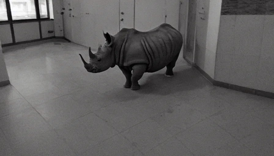 Image similar to a rhinoceros in a public bathroom with yellow tiles floor, mini dv camera found footage, very very low quality picture, heavy grain, heavy jpeg artifact blurry, caught on trail cam, 1 4 4 p