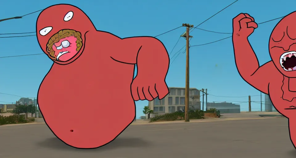 Image similar to Screenshot of Meatwad from Aqua Teen Hunger Force as a 3d character in the videogame 'GTA V'. Sharpened. 1080p. High-res. Ultra graphical settings.