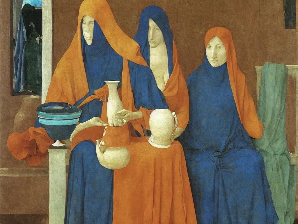 Image similar to woman with niqab, vase, amphora, jug, conch shell. lapis - lazuli, turquoise, malachite, cinnabar, earth brown. painting by piero della francesca, balthus, agnes pelton