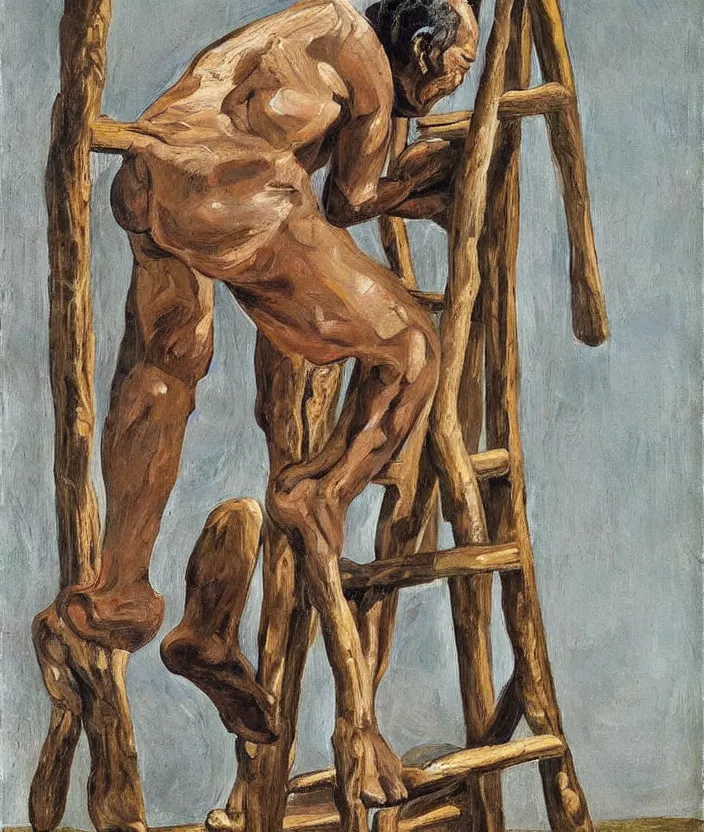 Image similar to indigenous man going up a ladder, painted by lucian freud, hd, super detailed, realistic, muted colors