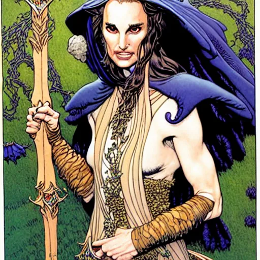 Image similar to a portrait of natalie portman as a druidic wizard by rebecca guay, michael kaluta, charles vess and jean moebius giraud