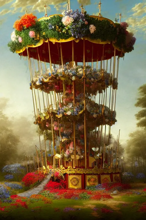 Image similar to a beautiful digital illustration painting of a fantasy carousel in overgrown roots, flowers by benoit b. mandelbrot, steven belledin, martin johnson heade, lee madgwick, caspar david friedrich, and david rios ferreira. 8 k resolution trending on artstation concept art digital illustration