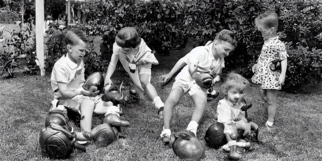 Image similar to kids playing with alien toy in their front yard, 1 9 5 0 s picture