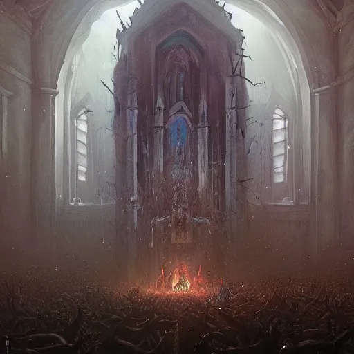 Prompt: a dark fantasy painting of a religious sacrifice surrounded by aliens in a church, a brutal fire cross the room by greg rutkowski and sally mann, creatures comes out of the ground by kentaro miura, trending on artstation