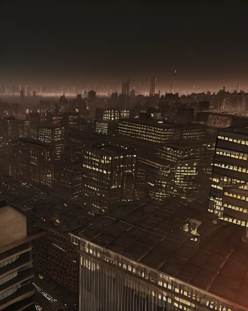 Prompt: a night rooftop scene, close up shot of a photorealistic gangster wearing a trench coat looking at the city below, unreal engine, hyper realism, realistic shading, ray tracing