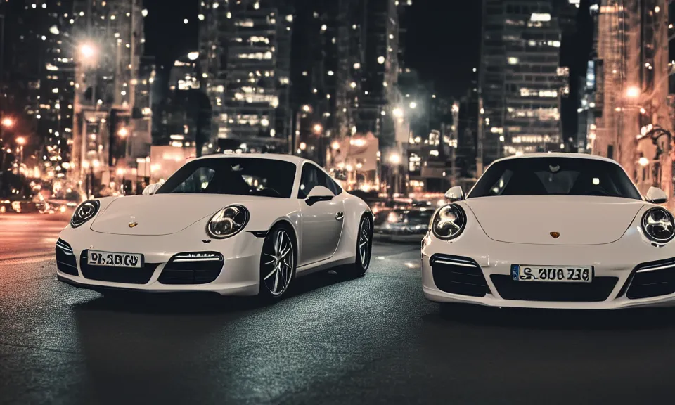 Prompt: photo of a porsche 911 at night in a city, dof, chromatic aberration, cinematic, 4k