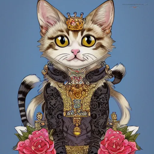 Prompt: A heraldic queen kitty cat with big cute eyes and her paw raised like a japanese maneki-neko and flowers around, D&D, fantasy, intricate, cinematic lighting, highly detailed, digital painting, artstation, concept art, smooth, sharp focus, illustration, art by Akihiko Yoshida, Greg Rutkowski and Alphonse Mucha