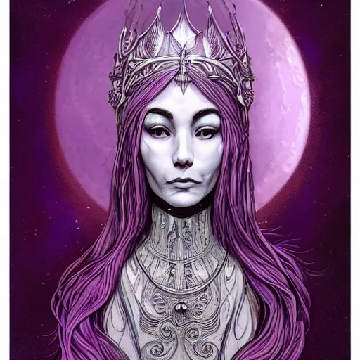 Prompt: portrait of prophetess of the moon, silver filigree armor and tiara, moon above head, purple wavy hair, translucent skin, wide striking eyes, beautiful! coherent! by brom, by junji ito, strong line, high contrast, muted color
