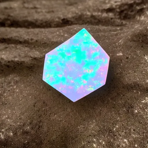 Prompt: An opal gem shaped like a hexagon on a rock in a cave, studio lighting, dramatic photo, artificial fog