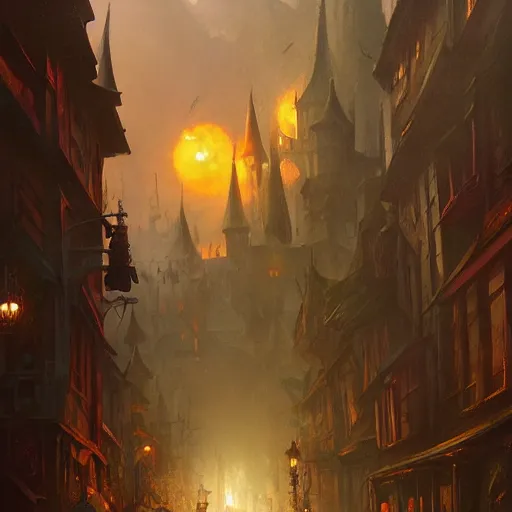 Prompt: street leading to a fantasy castle, dramatic lighting, city background, chiaroscuro, high detail, painted by greg rutkowski, painted by igor kieryluk, painted by bobby chiu, trending on artstation