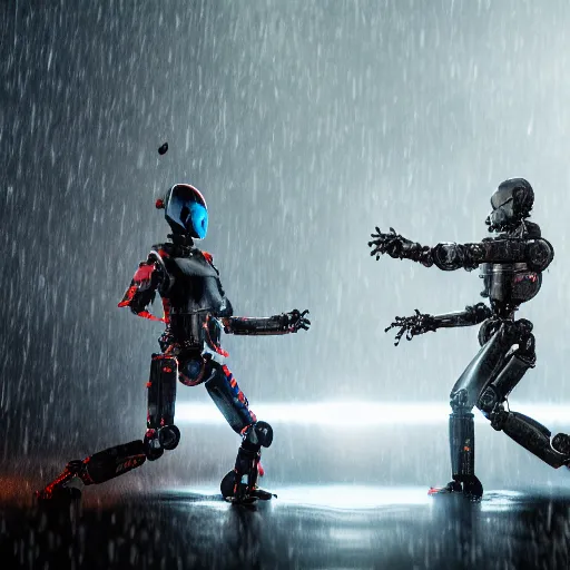 Image similar to 2 robot warriors battling each other in heavy rain, ground fog, lighting, moody lighting, 8 k, shallow depth of field, cinematic lighting,