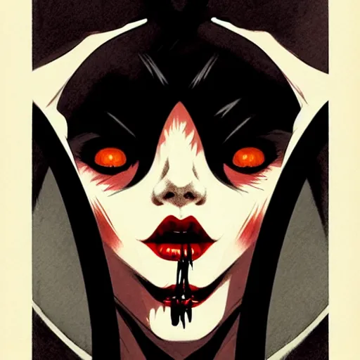 Image similar to beautiful vampire queen with fangs, symmetrical face, evil, portrait, cinematic, dramatic, powerful, super detailed and intricate, by koson ohara, by darwyn cooke, by greg rutkowski, by satoshi kon