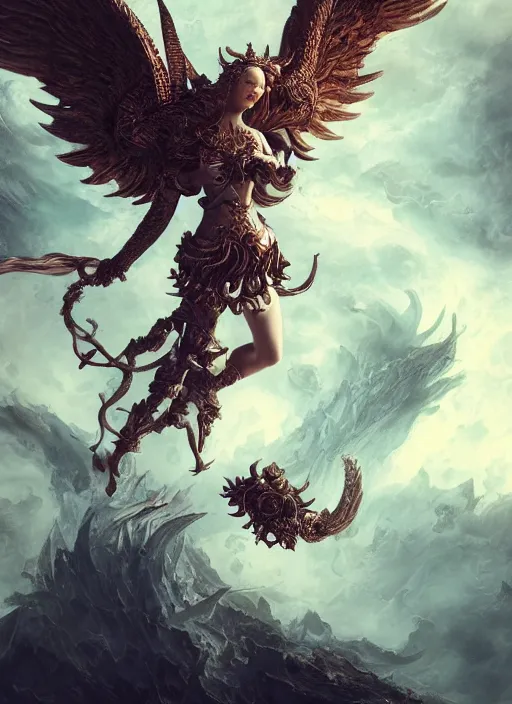 Image similar to high intricate porcelain baroque angelic warrior flying over a vast sea of hell demons, maria panfilova, andrea savchenko, mike kime, ludovic plouffe, qi sheng luo, oliver cook, trending on artstation