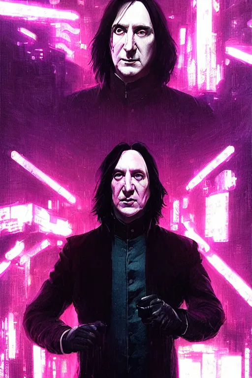 Prompt: portrait of severus snape with holograms in cyberpunk, neon lighting, night city, digital art from artstation by Ruan Jia and Mandy Jurgens and Artgerm and william-adolphe bouguereau and Greg Rutkowski