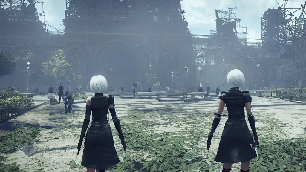 Image similar to Screenshot from Nier Automata, beautiful landscape in Paris