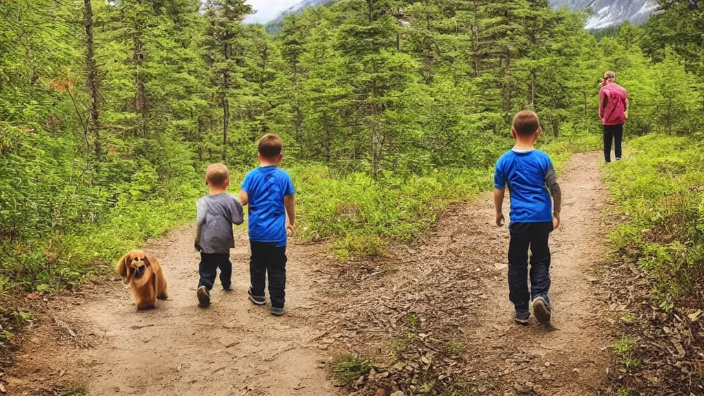 Prompt: “ one young boy in the middle of his parents, walk on a trail in forest, one golden retriever running happily, mountains in the background, highly detailed ”