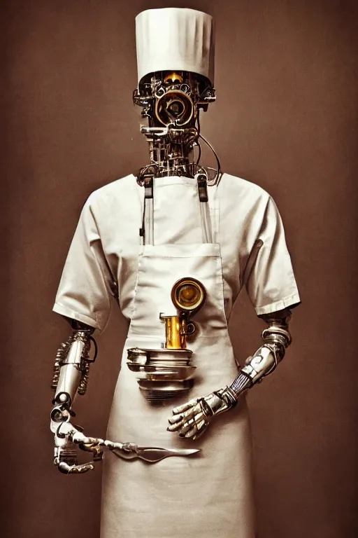 Image similar to a beautiful ultradetailed vintage photo of a futuristic cybernetic cyborg male wearing a tall white chef hat and an apron, by tom bagshaw and natalie shau, portrait, 3 5 mm lens, golden ratio composition, detailed face, studio photography, very detailed, humanoids, industrial robots, artstation, 8 k, highly coherent