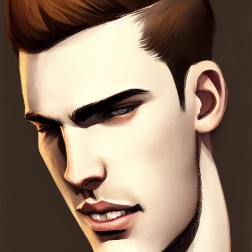 Image similar to tall chunky man in his twenties with brown blond short regular haircut and round facial structure with cleft chin, straight eyebrows, slightly smiling, cheekbones, straight nose, wider face, shadow of beard, atmospheric lighting, painted, intricate, 4 k, highly detailed by charlie bowater