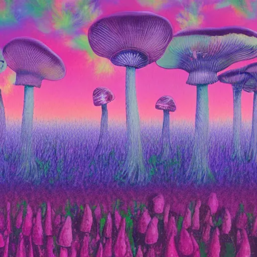 Prompt: a water painting of a field of mushroom in a vaporwave world