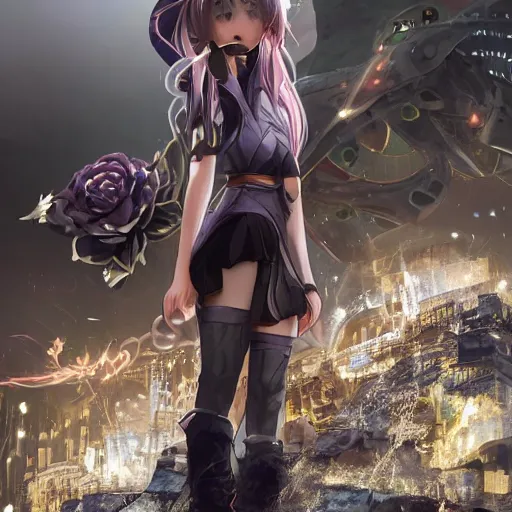 Image similar to beautiful anime girl in the style of final fantasy 7 with purple eyes, wearing jeans, perfect body, standing in the rain, high quality anime art, trending on artstation, 8K octane render, wallpaper