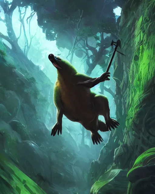 Prompt: Platypus rogue, green, forest background, magic the gathering artwork, D&D, fantasy, cinematic lighting, centered, symmetrical, highly detailed, digital painting, artstation, concept art, smooth, sharp focus, illustration, volumetric lighting, epic Composition, 8k, art by Akihiko Yoshida and Greg Rutkowski and Craig Mullins, oil painting, cgsociety