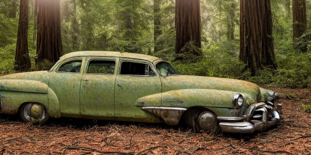 Prompt: Photograph of an abandoned rusty 1950's Buick in an old redwood forest, massive trees, overgrown with vegetation, sun shining through the trees, backlit, crepuscular rays, realistic octane render, 8k, ultra detailed close up, shallow depth of field