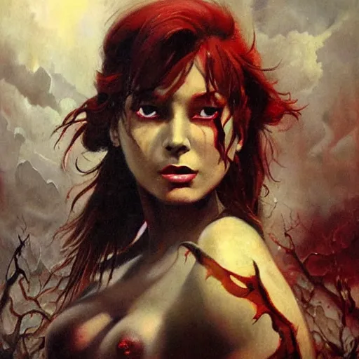 Prompt: ultra realistic portrait painting of a demon girl in hell, art by frank frazetta, vintage levi ’ s ad, stormy weather, dark vibes, 4 k, ultra realistic, highly detailed, epic lighting