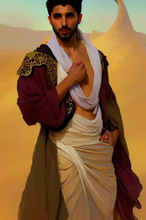 Image similar to full figure beautiful young fit arabic man, dressed with multicolored fluent clothes, luminous scene, by greg rutkowski and alphonse mucha, d & d character, gradient white to gold, in front of a dune desert background, highly detailed portrait, digital painting, artstation, concept art, smooth, sharp focus illustration, artstation hq