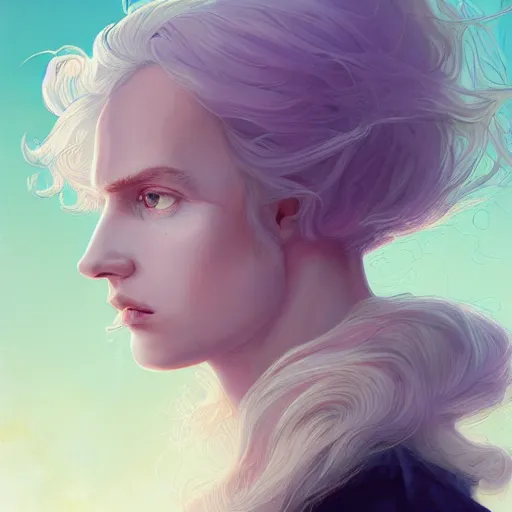 Image similar to a portrait of a beautiful androgynous blond man, germanic pale white skin and long fluffy curly blond hair, sharp lavender eyes, Center parted curtain bangs, close up view, head and upper body, looking upward, fullface, light from above, by Peter Mohrbacher, trending on artstation, 8k