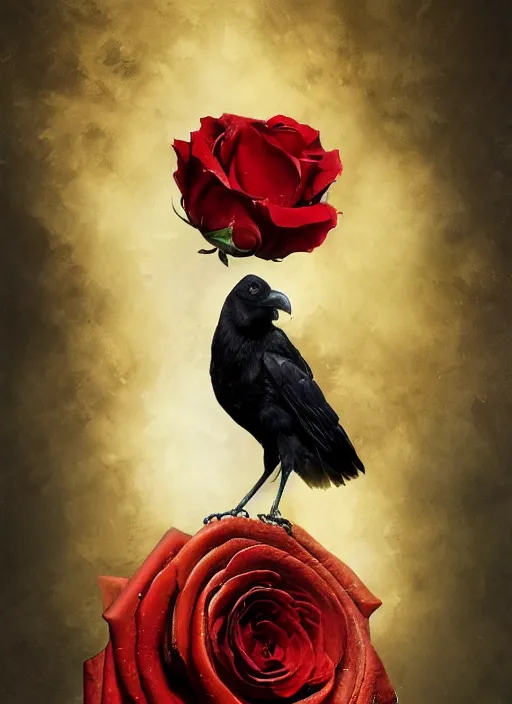 Image similar to red and golden color details, portrait, A crow with red eyes in front of the full big moon, book cover, red roses, red white black colors, establishing shot, extremly high detail, foto realistic, cinematic lighting, by Yoshitaka Amano, Ruan Jia, Kentaro Miura, Artgerm, post processed, concept art, artstation, raphael lacoste, alex ross, portrait, A crow with red eyes in front of the full big moon, book cover, red roses, red white black colors, establishing shot, extremly high detail, photo-realistic, cinematic lighting, by Yoshitaka Amano, Ruan Jia, Kentaro Miura, Artgerm, post processed, concept art, artstation, raphael lacoste, alex ross