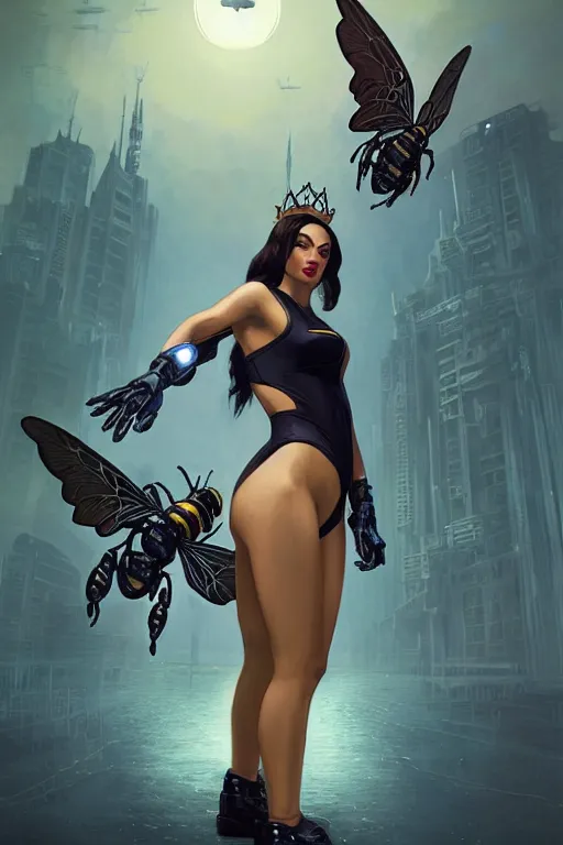 Image similar to gta 5 queen bee profile picture by greg rutkowski, cybernetic wings, dynamic pose, intricate, futuristic, fantasy, elegant, by stanley artgerm lau, greg rutkowski, thomas kindkade, alphonse mucha, loish, norman rockwell, fantasy lut, asymmetric, long hair, retro computer graphics, video game, fluid lines,