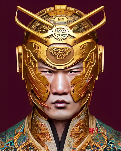 Image similar to portrait of a chinese masculine male cyberpunk machine, machine face, upper half portrait, decorated with chinese opera motifs, muscular, asian, fine china, wuxia, traditional chinese art intricate intense elegant 京 剧 highly detailed symmetry headpiece digital painting artstation concept art smooth sharp focus illustration, art by artgerm and greg rutkowski alphonse mucha 8 k