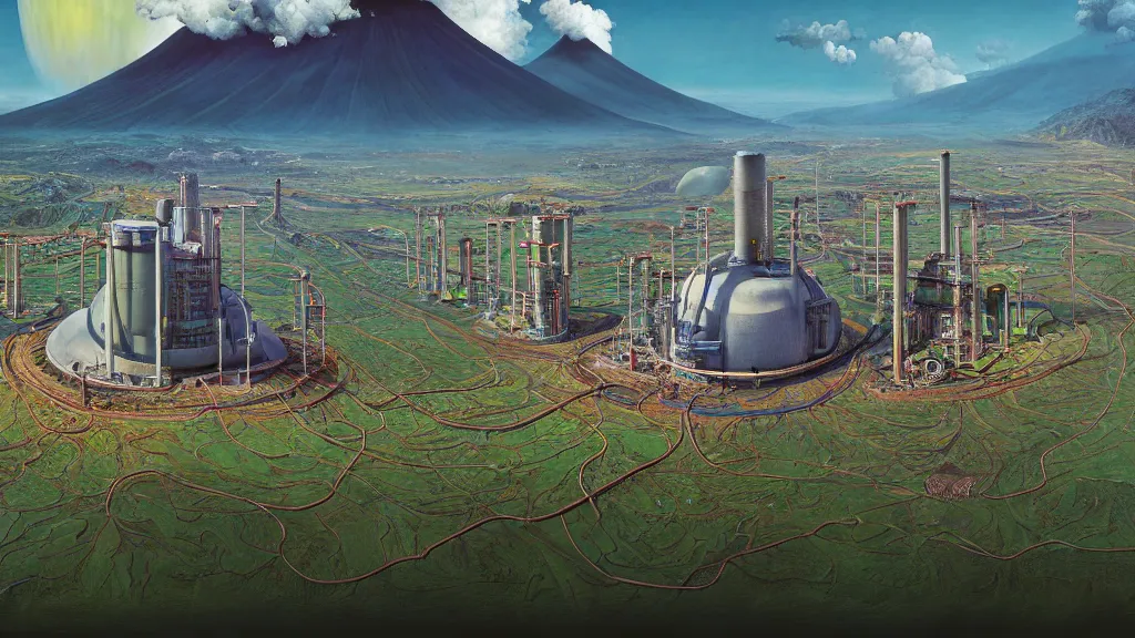 Image similar to Nuclear Breeder Reactors integrated with the town of Quito by Simon Stålenhag and Vincent Callebaut, oil on canvas; Art Direction by James Cameron; 4K, 8K; Ultra-Realistic Depth Shading