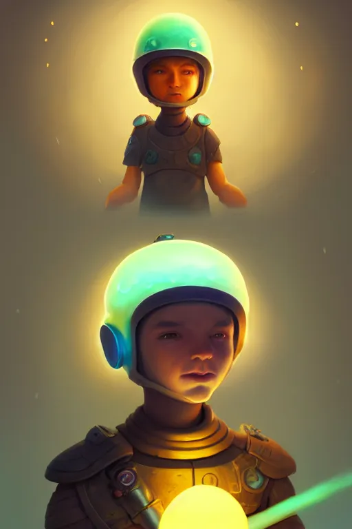 Image similar to super cute Bioluminescent boy warrior with a mushroom helmet character concept, soft light, soft mood, realistic body features and face, illustration, painting oil on canvas by Elena Zhurikhina and Goro Fujita and Charlie Bowater, octane render trending on artstation, 4k, 8k, HD