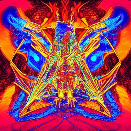 Prompt: three - headed cyberpunk flaming hell chicken, sacred geometry background, alchemy, merkabah, psychedelic, pop art in the style of frank lloyd wright