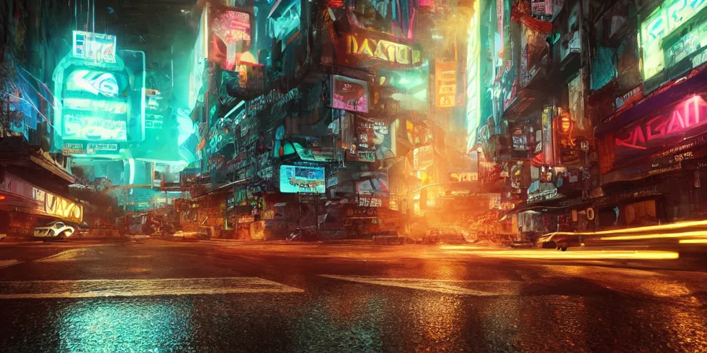 Image similar to a 3 d rendered in unreal engine guatemalan cyberpunk city with neon ads and signs with evocative dramatic mood with blade runner vibe with cars and floating vehicles with motion blur with depth of field with bloom with lightshaft with volumetric lights, fog, by jeremy mann, oscar winning graphics, photo realistic, bloom, imax, dynamic lighting, artstation,