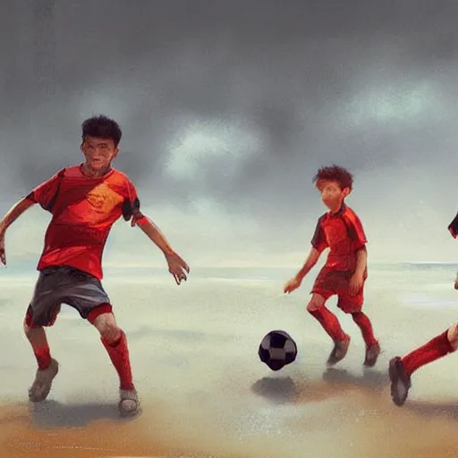 Prompt: four boys playing soccer at a beach, raining, hyper detailed, digital art, trending in artstation, cinematic lighting, studio quality, smooth render, octane rendered, concept art, sharp focus, illustration, art by artgerm and greg rutkowski and wlop