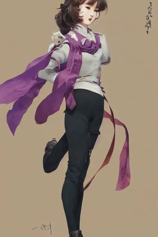 Image similar to Full View of Eunha from Viviz and gFriend with short hair wearing a purple military uniform and short puffy pants, white leggings, Golden Ribbon, and a billowy scarf. Rhythmic gymnastics poses. masterpiece 4k digital illustration by Ruan Jia and Mandy Jurgens and Artgerm and greg rutkowski, award winning, Artstation, art nouveau aesthetic, Alphonse Mucha background, intricate details, realistic, panoramic view, Hyperdetailed, 8k resolution, intricate art nouveau