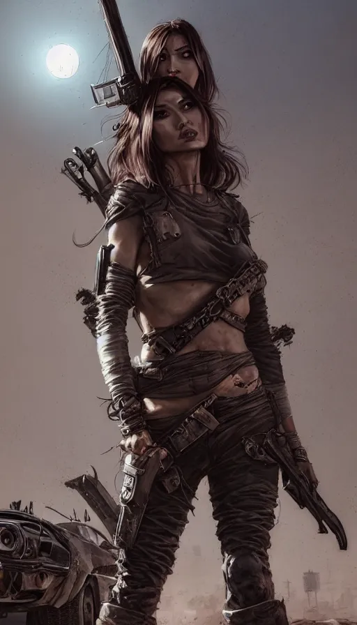 Image similar to road warrior, gemma chan beautiful girl, postapocalyptic, muscle cars, weapons, mad max, b - movie, made by stanley artgerm lau, wlop, rossdraws, james jean, andrei riabovitchev, marc simonetti, yoshitaka amano, beksinski artstation, cgsociety