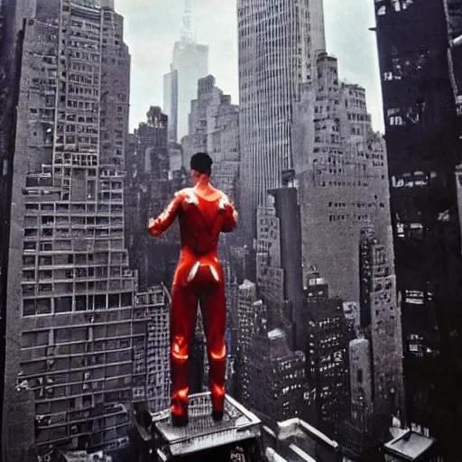 Prompt: giant ultraman walking on new york building!, post apocalyptic, cinematic,