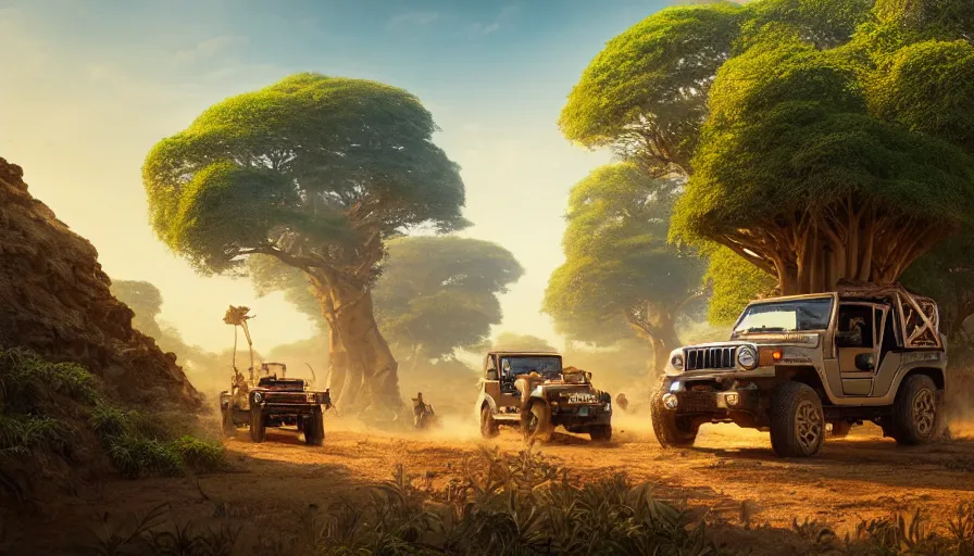 Image similar to mahindra thar driving through madagascar with baobabs trees, tribe members chasing for an attach, action scene, an epic fantasy, artgerm and greg rutkowski and alphonse mucha, an epic fantasy, volumetric light, detailed, establishing shot, an epic fantasy, trending on art station, octane render, midsommar