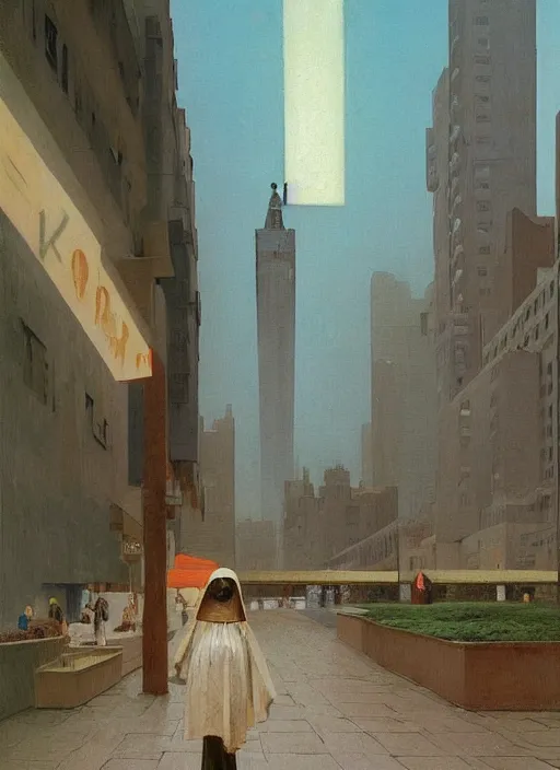 Prompt: woman dressed in paper bags, paper bags over the head on megapolis street Edward Hopper and Thomas Kinkade and James Gilleard, Zdzislaw Beksinski, highly detailed