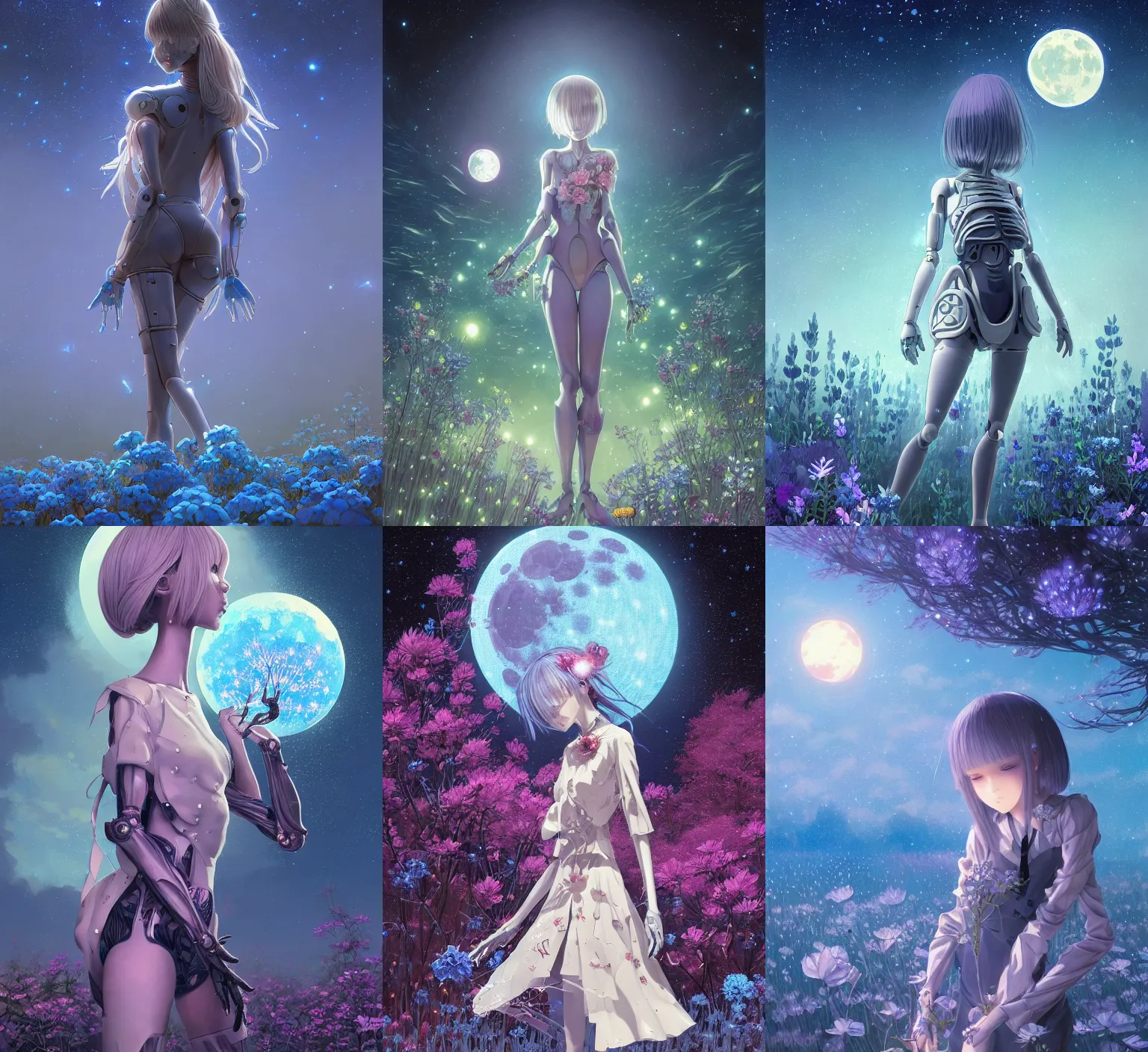 Prompt: detailed, sharp, dreaming humanoid female automata in exoskeleton surrounded by glowing blue flowers and flora, big moon and starry sky in the background by Ilya Kuvshinov and Anna Dittmann and studio ghibli and WLOP and Rossdraws, digital art, surreal, trending on artstation, anime arts, featured on Pixiv, blue lighting, HD, 8K, highly detailed, good lighting, beautiful, epic, masterpiece
