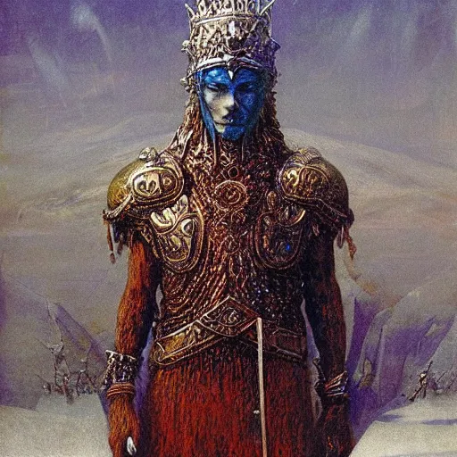 Image similar to ice lord, full body, wearing icy ornamented armor, wearing ice royal crown war helm, beksinski