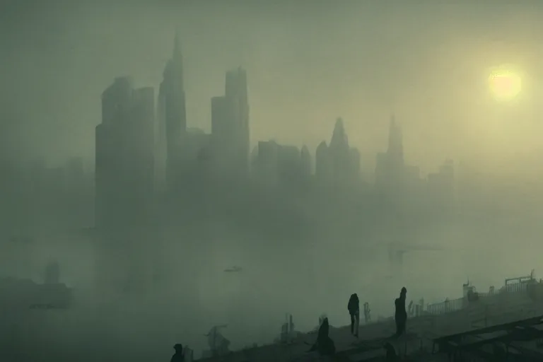 Prompt: The fog looks like little cats feet, sits looking over harbor and city on silent haunches and then moves on. 3D rendering by Liam Wong, painting by Caspar David Friedrich, and photography by Gregory Crewdson, UHD, amazing depth, atmospheric, trending on artstation