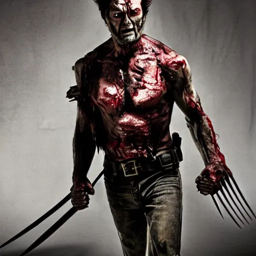 Image similar to wolverine, the walking dead zombie, full body shot, butcher by yousuf karsh, golden hour, realistic, body shot, sharp focus, 8 k high definition, insanely detailed, intricate, elegant