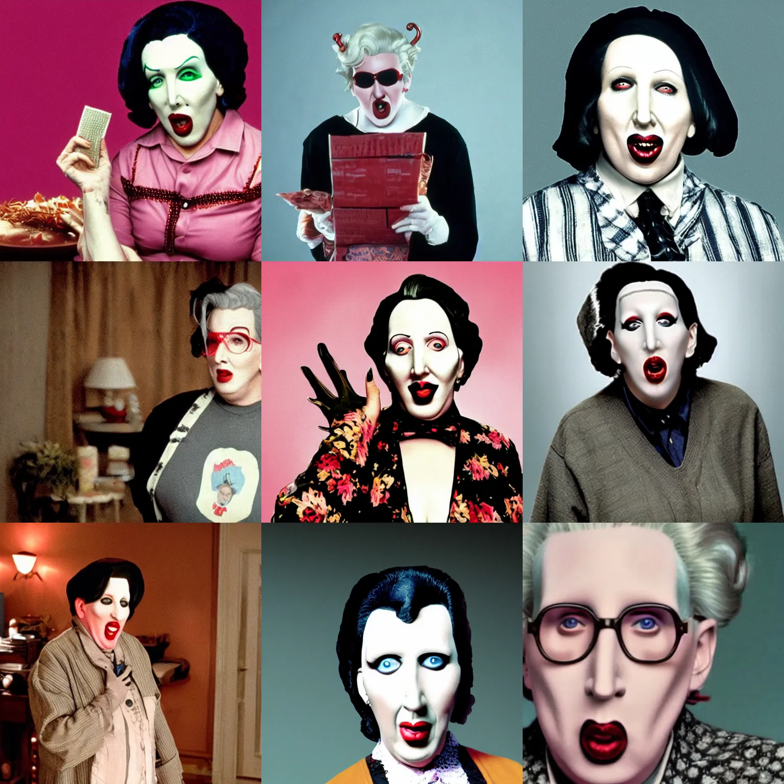 Prompt: marilyn manson as mrs doubtfire, still image from the movie