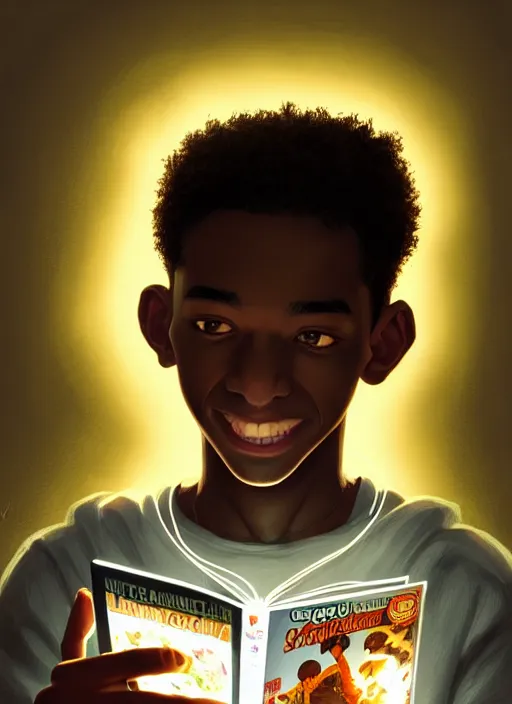 Image similar to portrait of teenage chuck clayton, black teenage boy, short curly hair, short hair square jaw, slight excited smile, reading a comic book, intricate, elegant, glowing lights, highly detailed, digital painting, artstation, concept art, smooth, sharp focus, illustration, art by wlop, mars ravelo and greg rutkowski