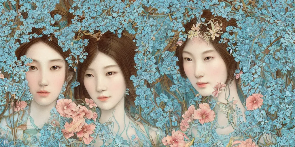 Prompt: breathtaking detailed concept art painting portrait of two goddess of light blue flowers by hsiao - ron cheng, carroty hair, orthodox saint, with anxious piercing eyes and amalgamation of leaves and flowers, vintage illustration pattern background with bizarre compositions and blend of flowers, fruits, birds by beto val and john james audubon, exquisite detail, extremely moody lighting, 8 k